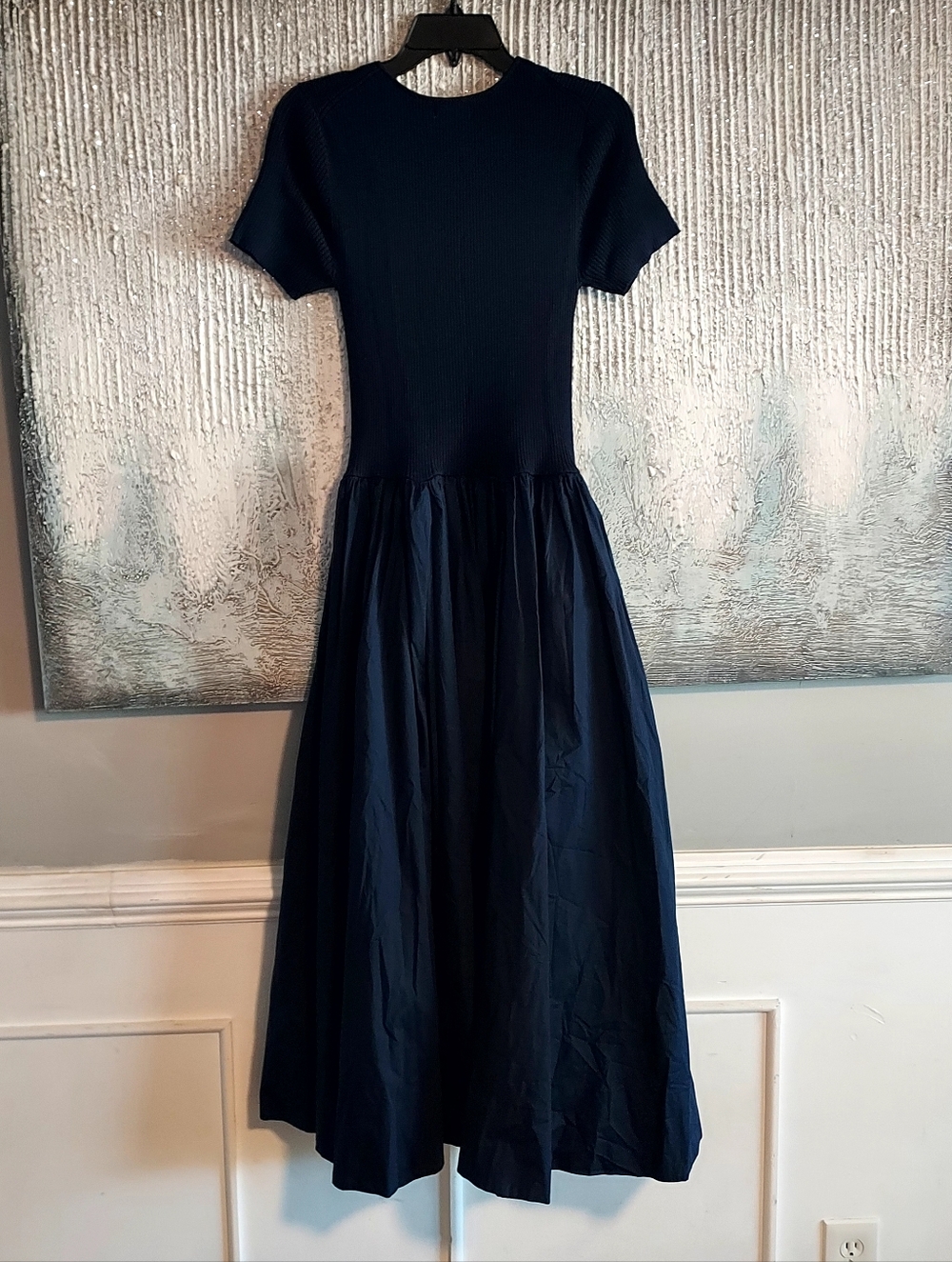 STAUD Ysabel Navy Blue Short-Sleeve Knit Bodice Long Dress With Pockets Sz-L - Picture 2 of 13